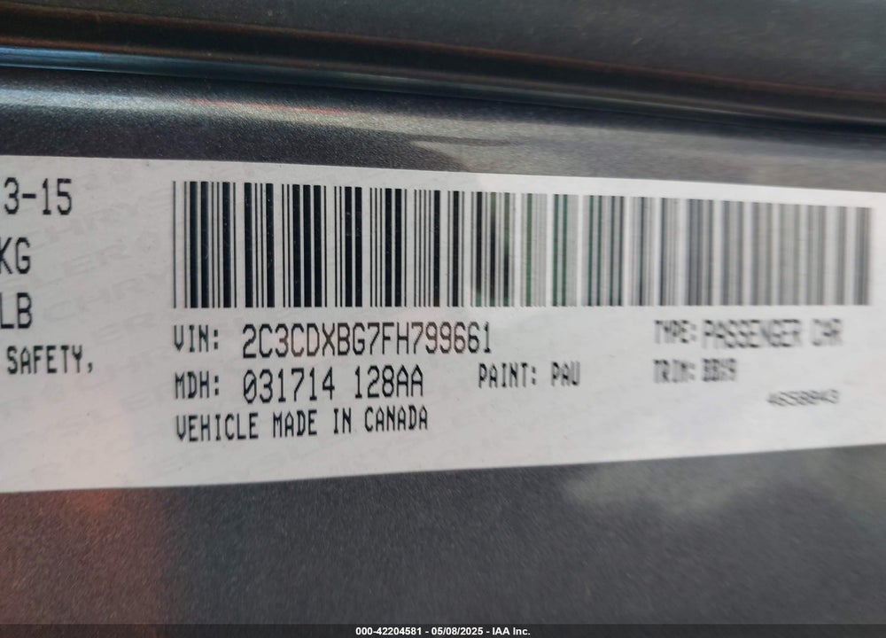 2015 DODGE CHARGER SE VIN: 2C3CDXBG7FH799661
