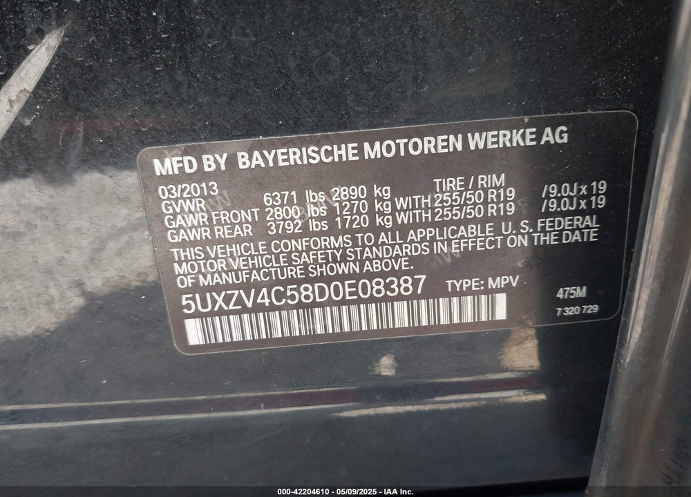 2013 BMW X5 VIN: 5UXZV4C58D0E08387