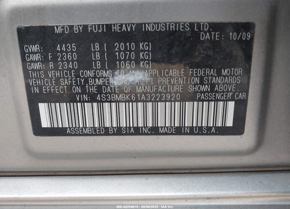 2010 SUBARU LEGACY VIN: 4S3BMBK61A3223920