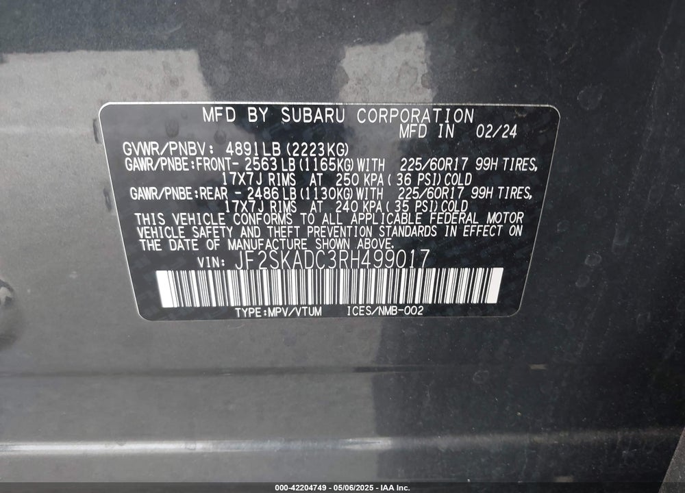 2024 SUBARU FORESTER VIN: JF2SKADC3RH499017