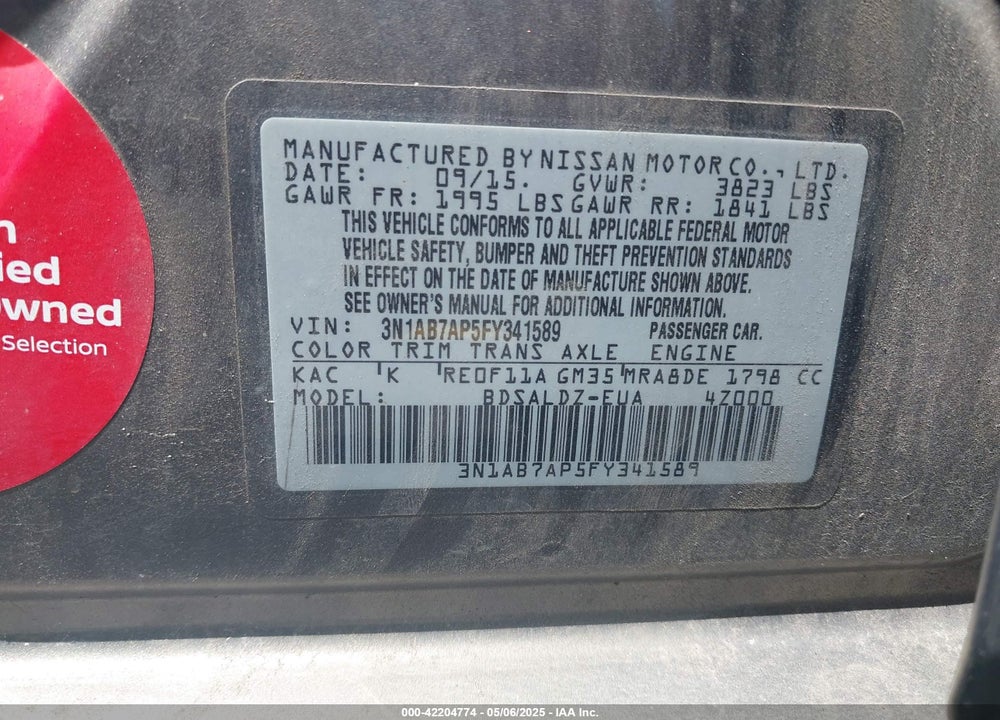 2015 NISSAN SENTRA SV VIN: 3N1AB7AP5FY341589