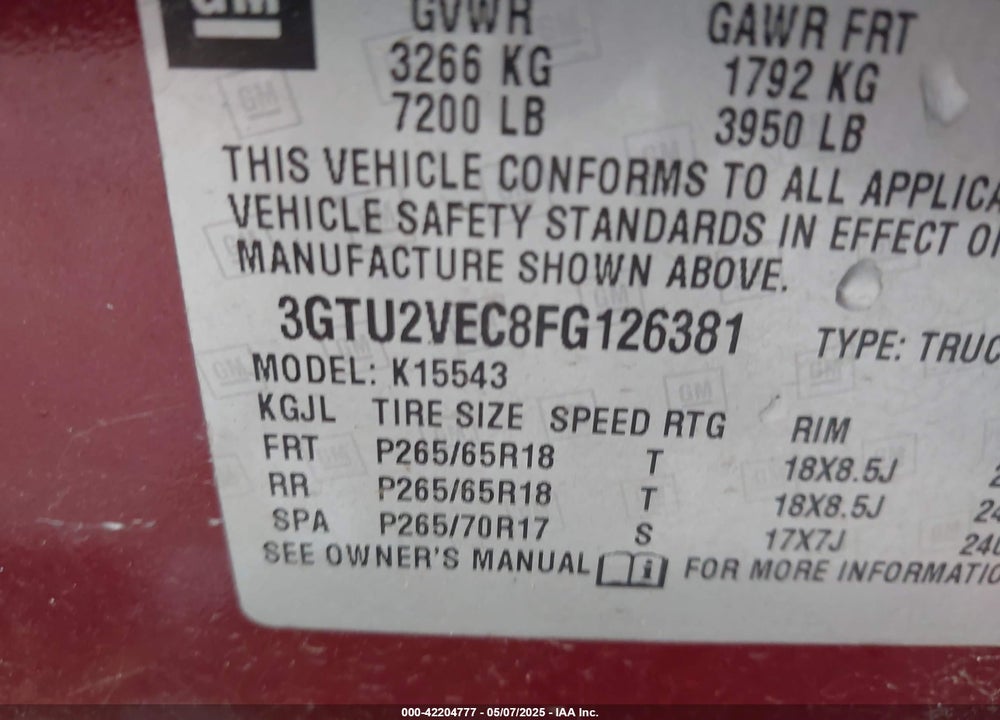 2015 GMC SIERRA 1500 SLT VIN: 3GTU2VEC8FG126381