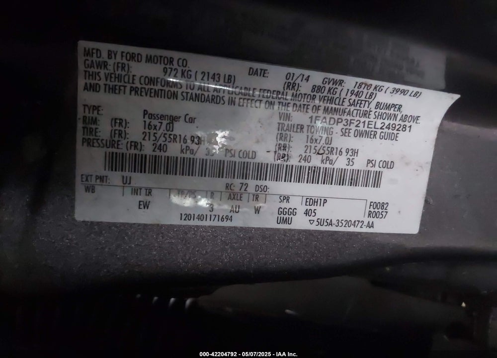 2014 FORD FOCUS VIN: 1FADP3F21EL249281