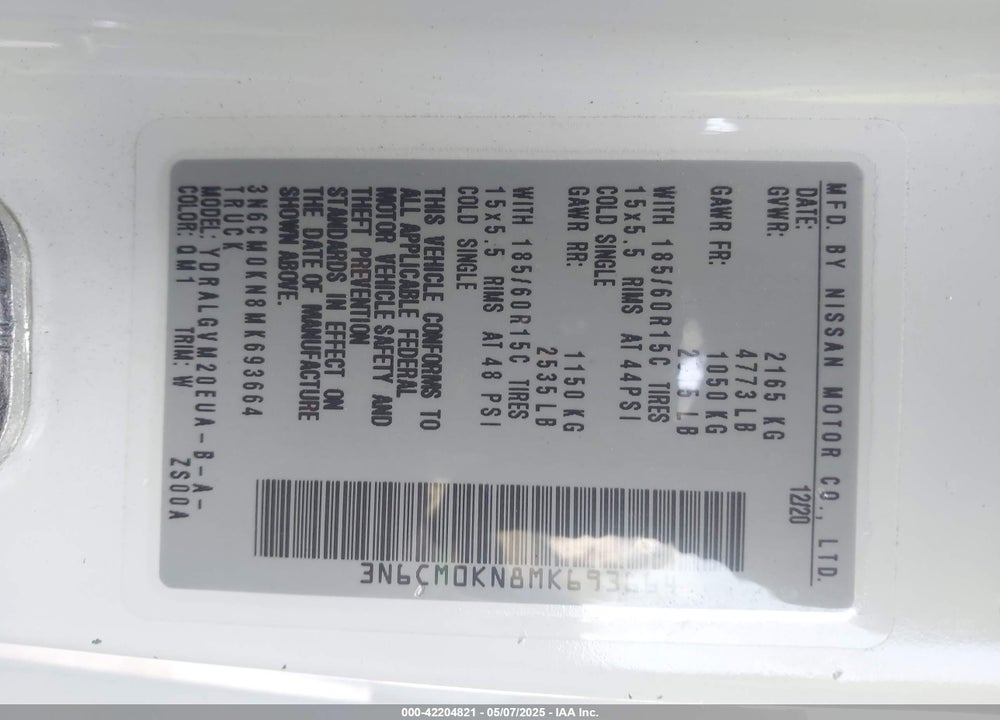 2021 NISSAN NV 200 VIN: 3N6CM0KN8MK693664
