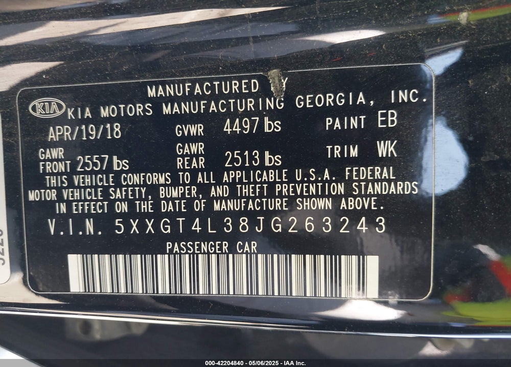 2018 KIA OPTIMA VIN: 5XXGT4L38JG263243