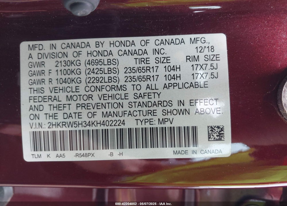2019 HONDA CR-V LX VIN: 2HKRW5H34KH402224