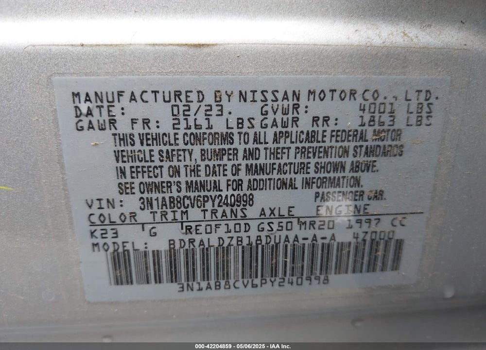 2023 NISSAN SENTRA SV XTRONIC CVT VIN: 3N1AB8CV6PY240998