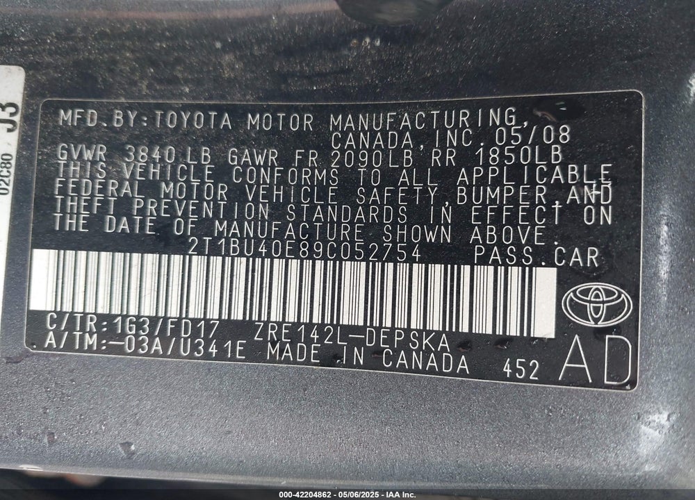 2009 TOYOTA COROLLA VIN: 2T1BU40E89C052754