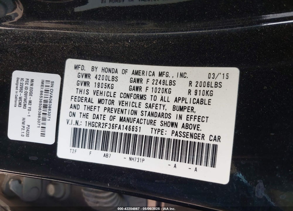 2015 HONDA ACCORD LX VIN: 1HGCR2F36FA146651