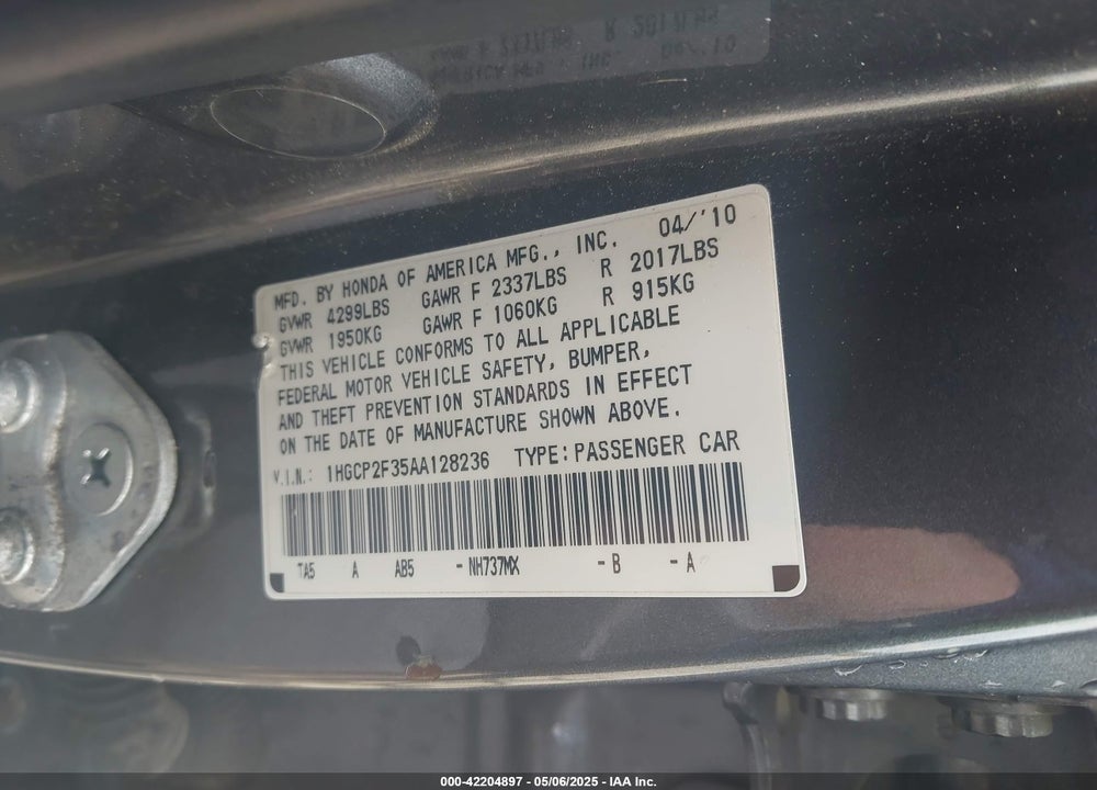 2010 HONDA ACCORD 2.4 LX VIN: 1HGCP2F35AA128236