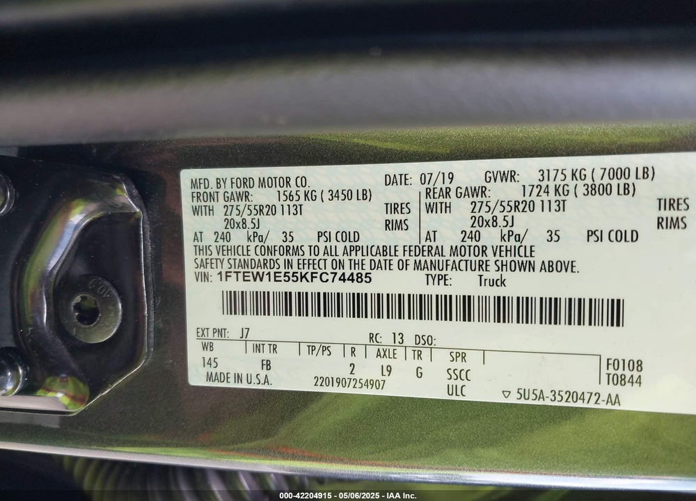 2019 FORD F-150 VIN: 1FTEW1E55KFC74485