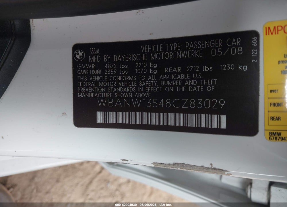 2008 BMW 535I VIN: WBANW13548CZ83029