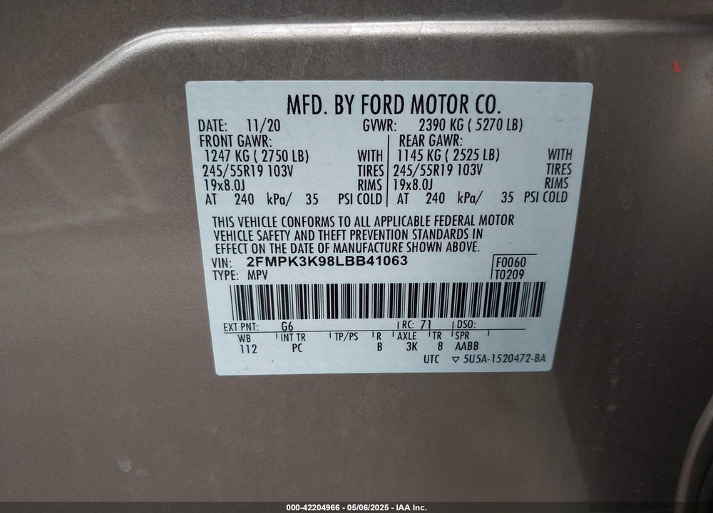 2020 FORD EDGE TITANIUM VIN: 2FMPK3K98LBB41063