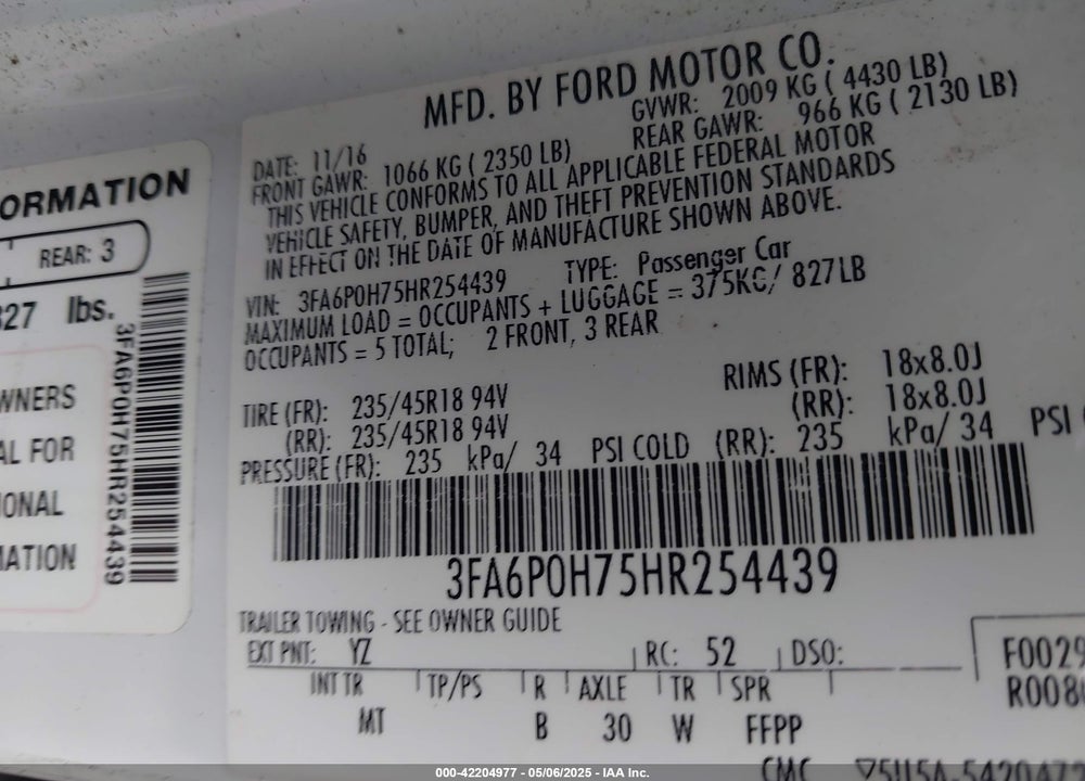 2017 FORD FUSION SE VIN: 3FA6P0H75HR254439