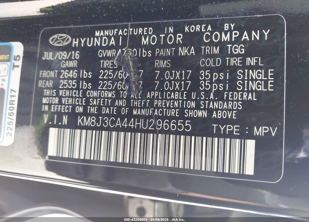 2017 HYUNDAI TUCSON SE VIN: KM8J3CA44HU296655