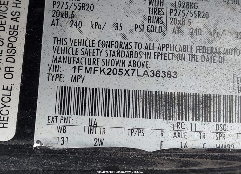 2007 FORD EXPEDITION VIN: 1FMFK205X7LA38383