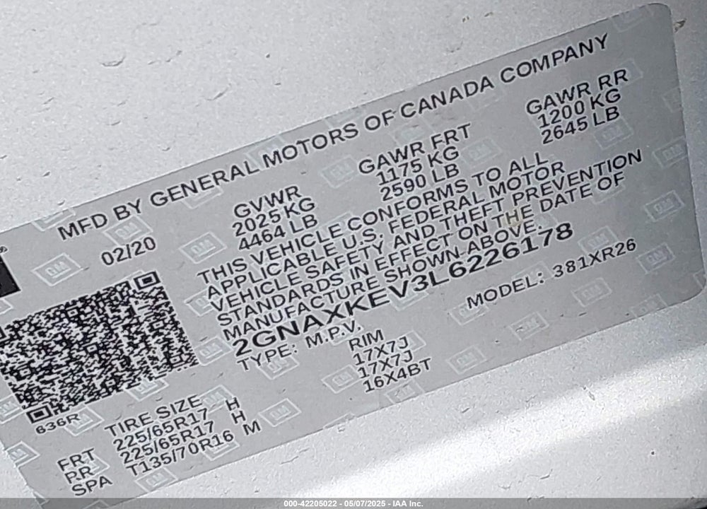 2020 CHEVROLET EQUINOX VIN: 2GNAXKEV3L6226178