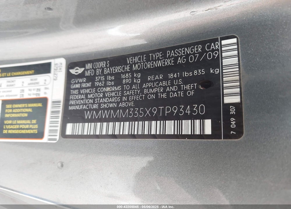 2009 MINI COOPER S VIN: WMWMM335X9TP93430