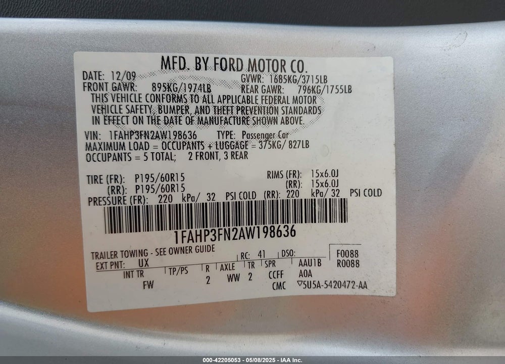 2010 FORD FOCUS VIN: 1FAHP3FN2AW198636