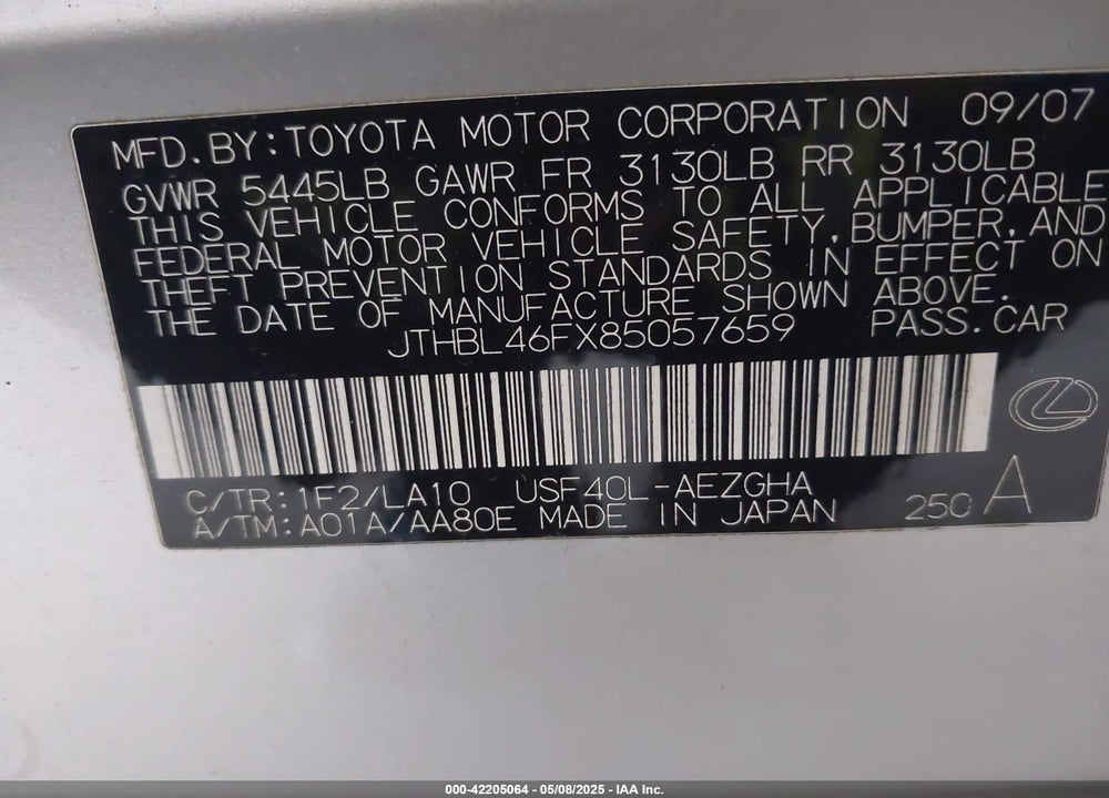 2008 LEXUS LS 460 VIN: JTHBL46FX85057659