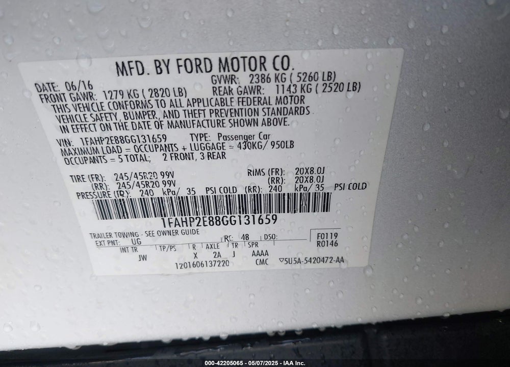 2016 FORD TAURUS VIN: 1FAHP2E88GG131659