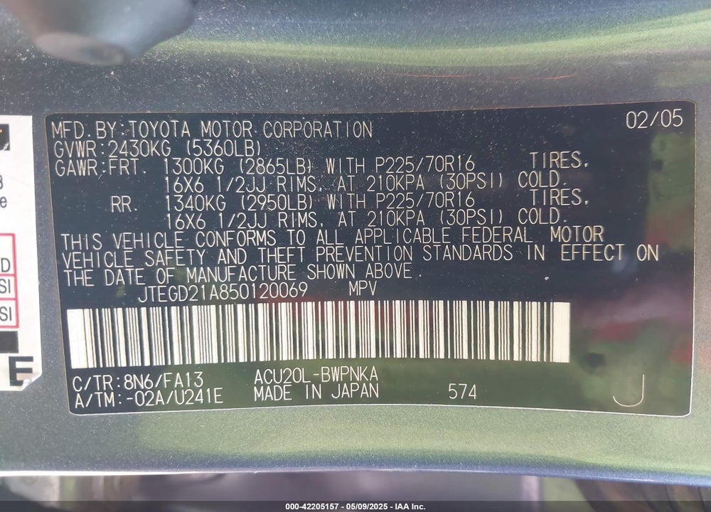 2005 TOYOTA HIGHLANDER VIN: JTEGD21A850120069