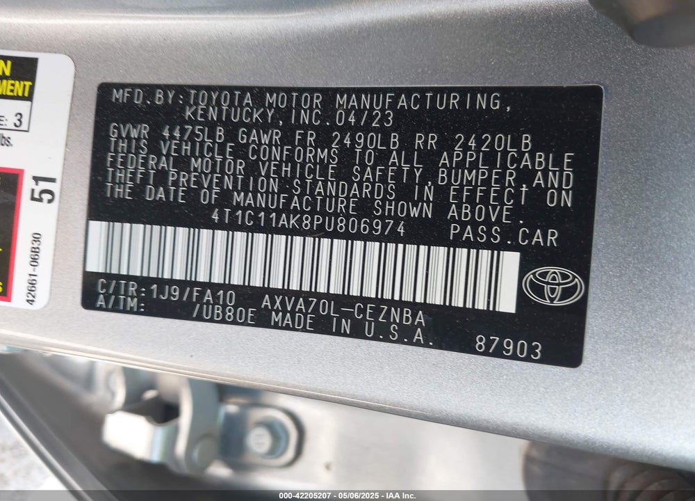 2023 TOYOTA CAMRY VIN: 4T1C11AK8PU806974