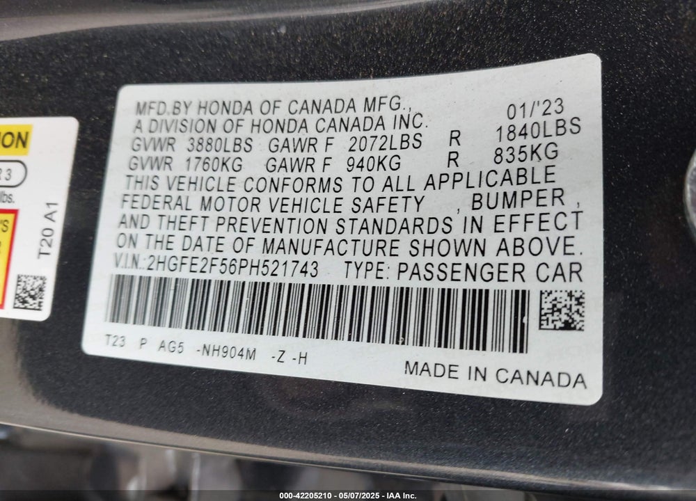 2023 HONDA CIVIC VIN: 2HGFE2F56PH521743