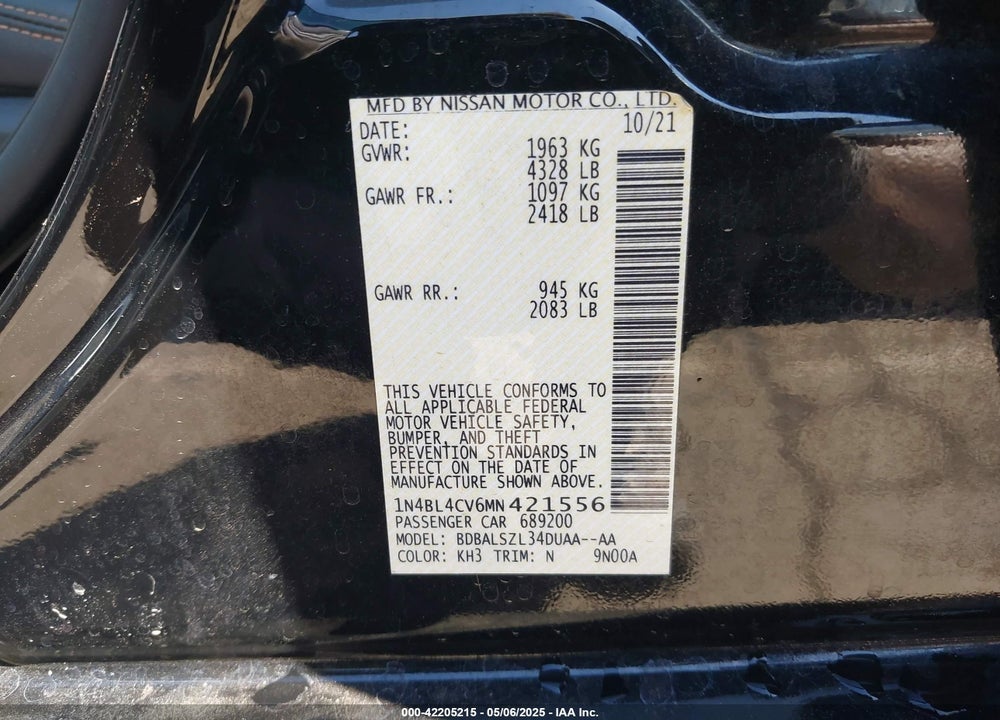 2021 NISSAN ALTIMA SR FWD VIN: 1N4BL4CV6MN421556