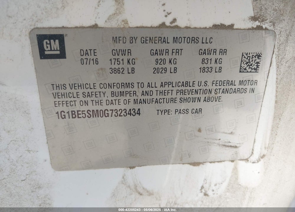 2016 CHEVROLET CRUZE LT AUTO VIN: 1G1BE5SM0G7323434
