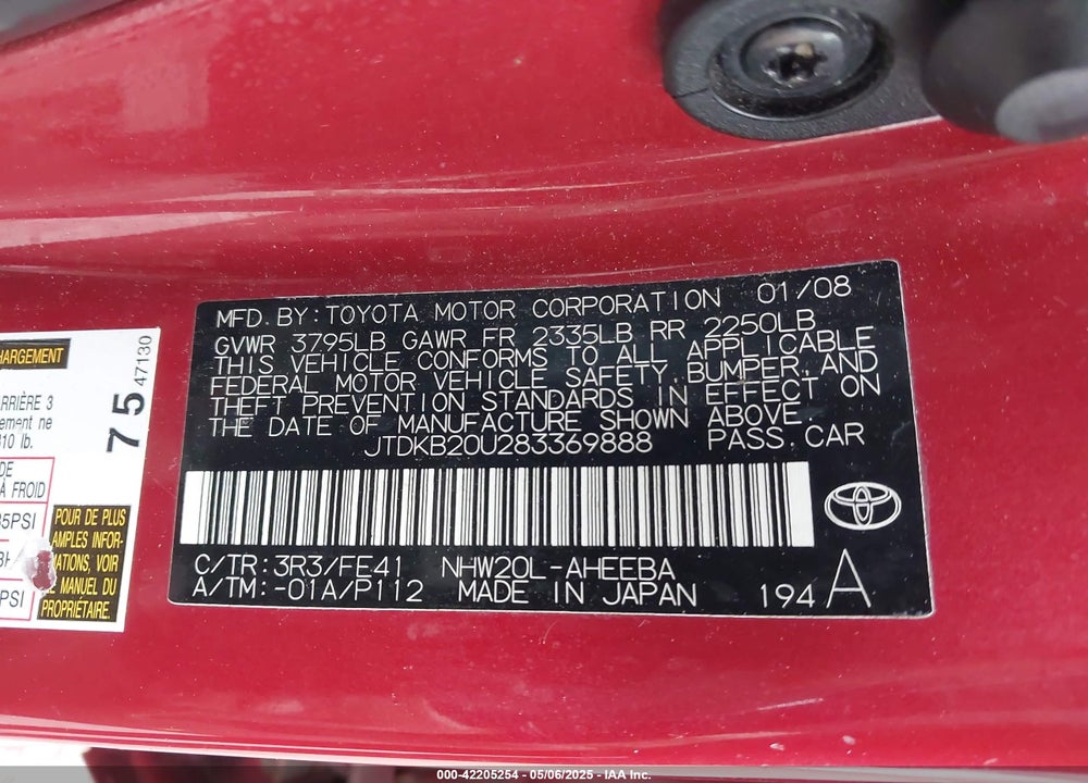 2008 TOYOTA PRIUS VIN: JTDKB20U283369888