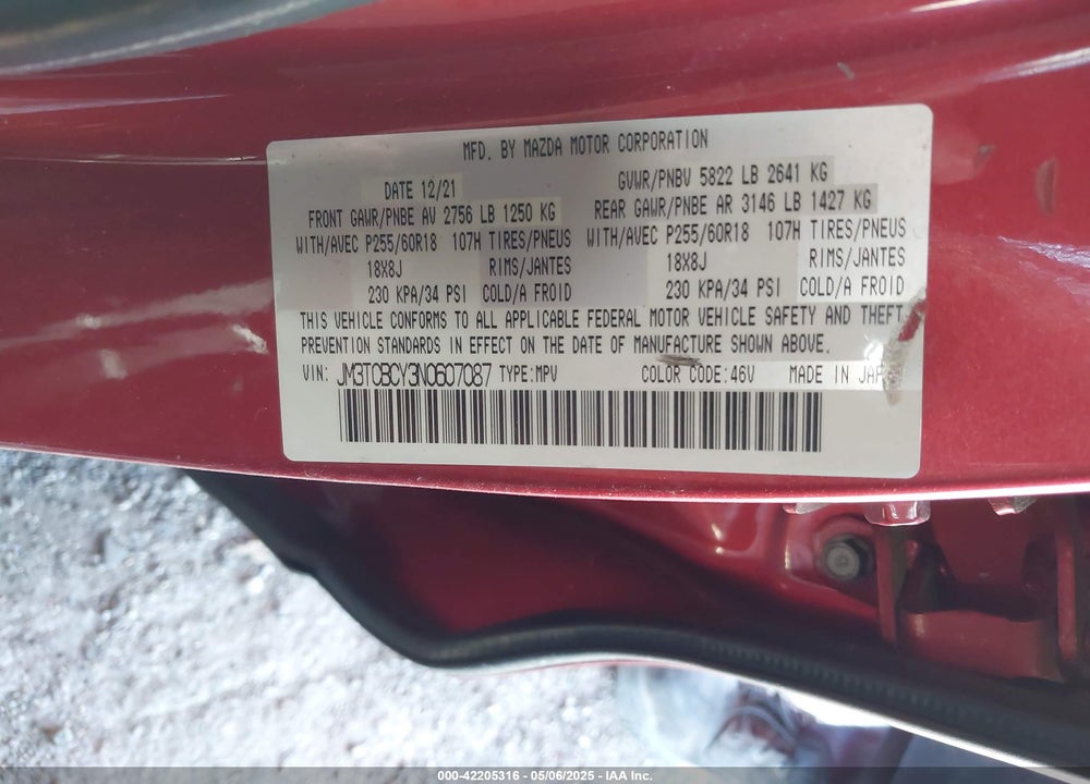 2022 MAZDA CX-9 VIN: JM3TCBCY3N0607087