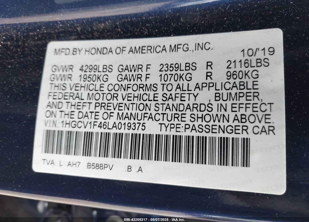2020 HONDA ACCORD VIN: 1HGCV1F46LA019375