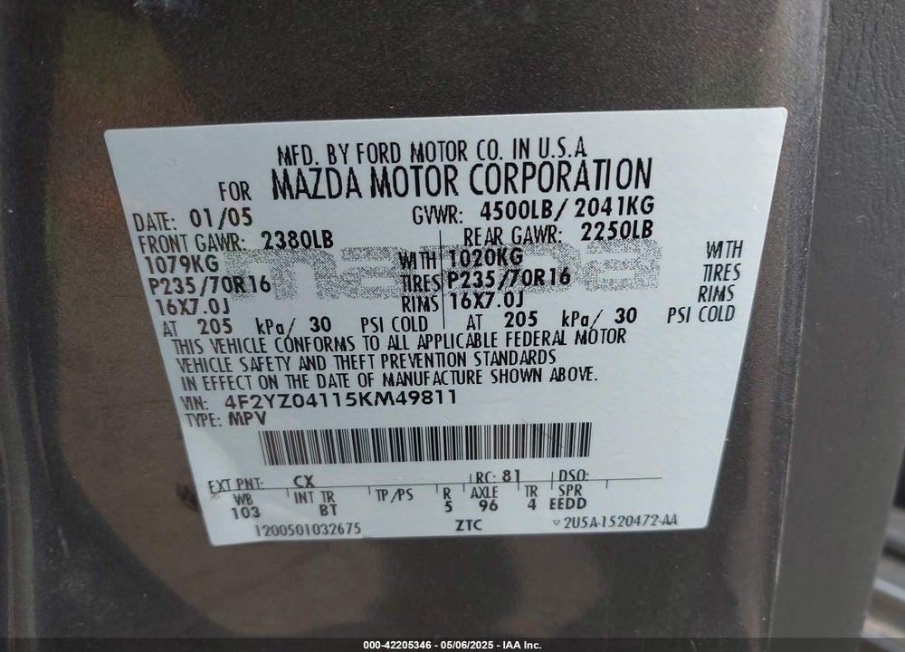 2005 MAZDA TRIBUTE S VIN: 4F2YZ04115KM49811