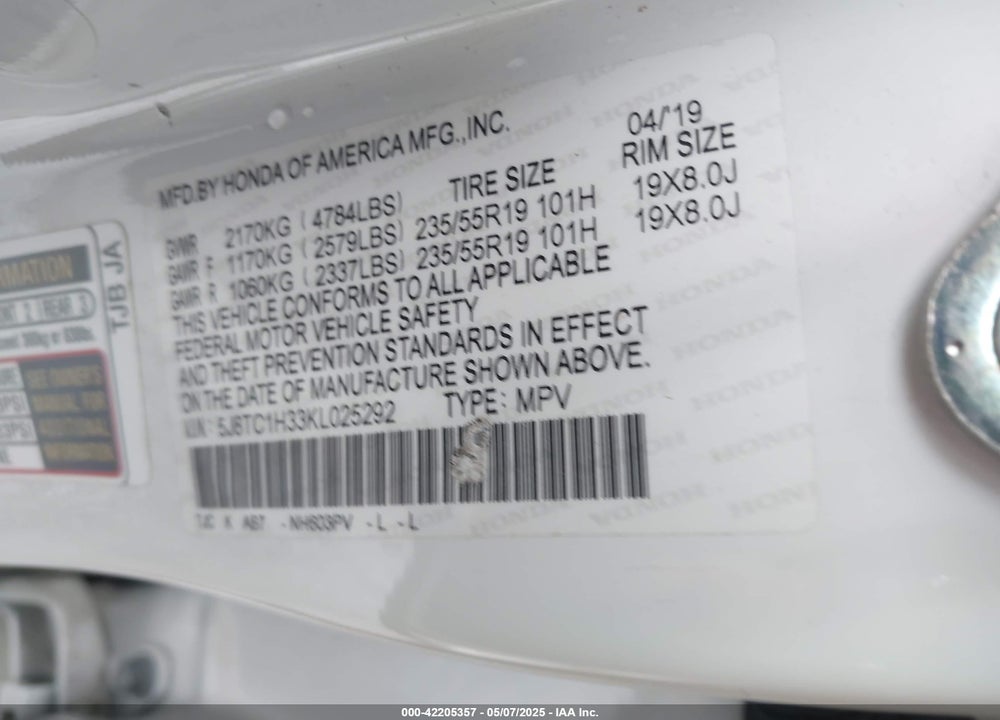 2019 ACURA RDX STANDARD VIN: 5J8TC1H33KL025292