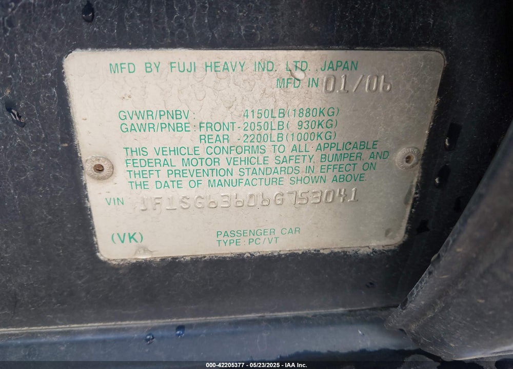 2006 SUBARU FORESTER 2.5X VIN: JF1SG63606G753041