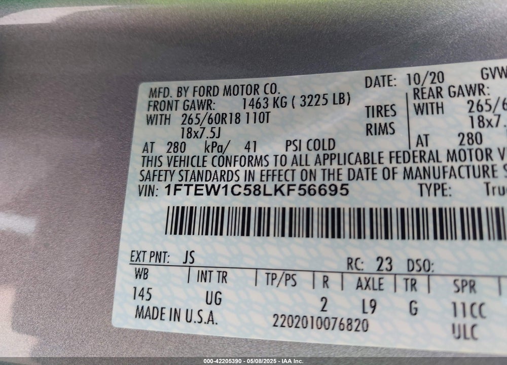 2020 FORD F-150 VIN: 1FTEW1C58LKF56695