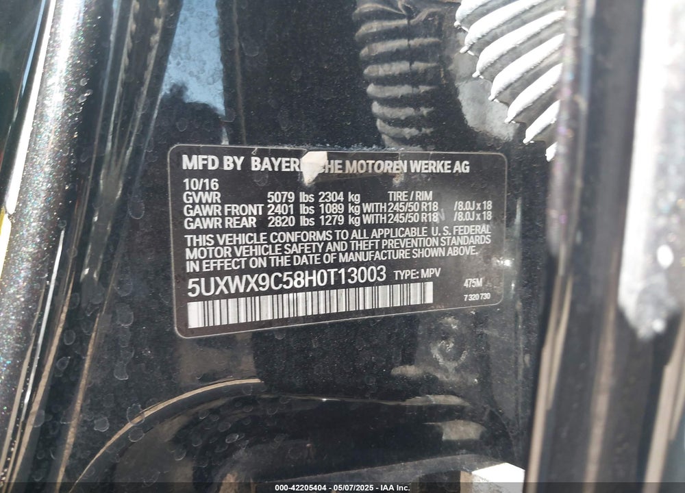 2017 BMW X3 VIN: 5UXWX9C58H0T13003