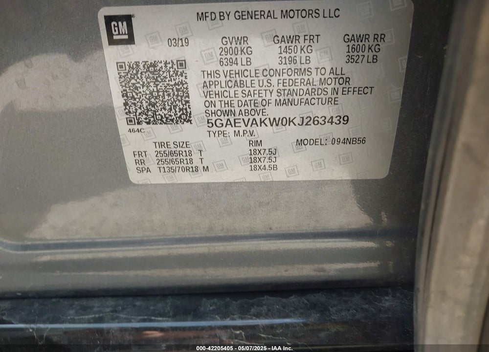 2019 BUICK ENCLAVE VIN: 5GAEVAKW0KJ263439