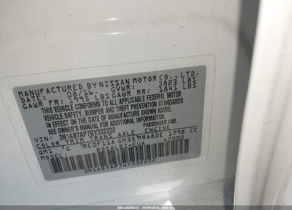 2016 NISSAN SENTRA S VIN: 3N1AB7AP7GY332202