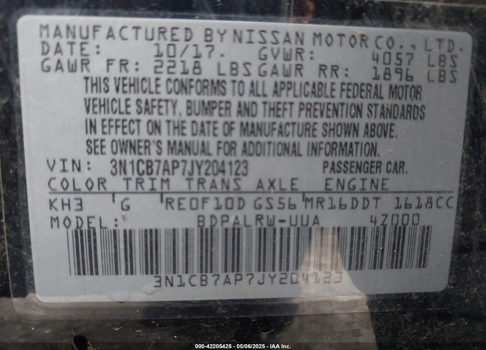2018 NISSAN SENTRA VIN: 3N1CB7AP7JY204123