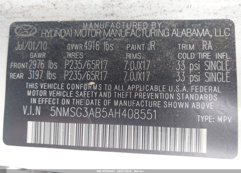 2010 HYUNDAI SANTA FE GLS VIN: 5NMSG3AB5AH408551