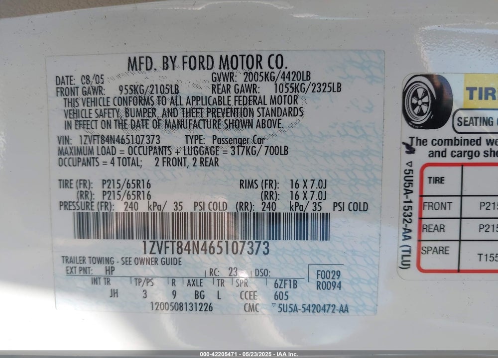 2006 FORD MUSTANG VIN: 1ZVFT84N465107373