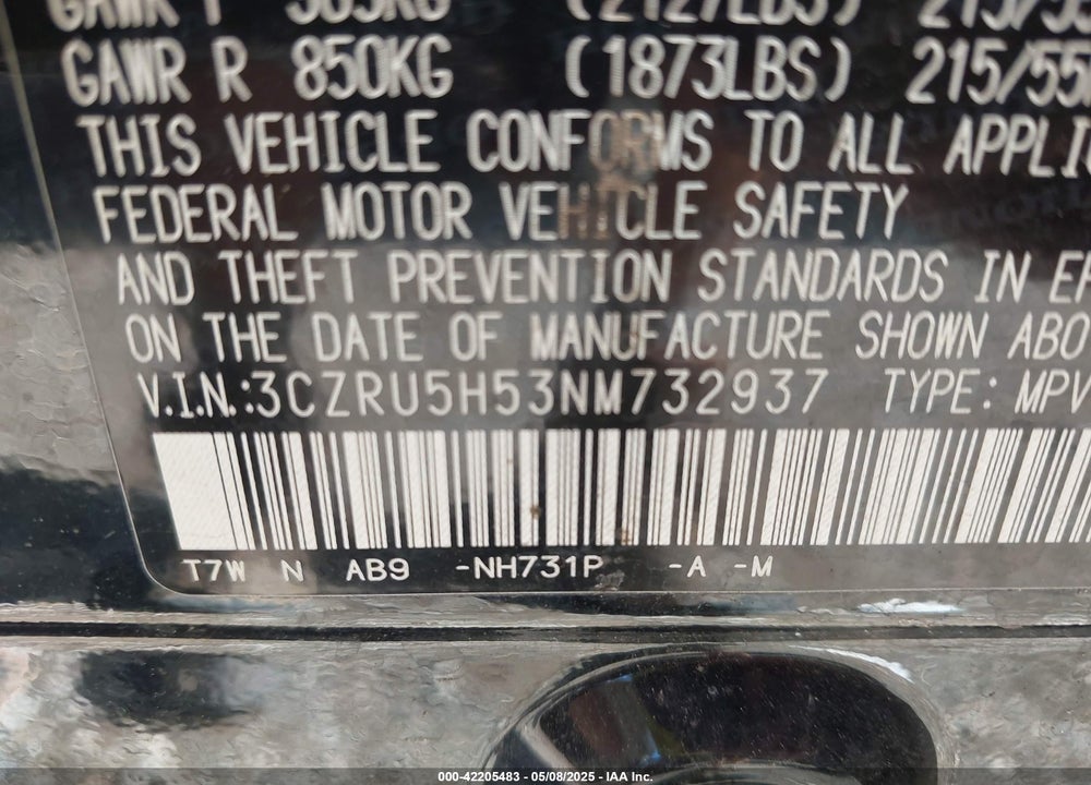 2022 HONDA HR-V VIN: 3CZRU5H53NM732937