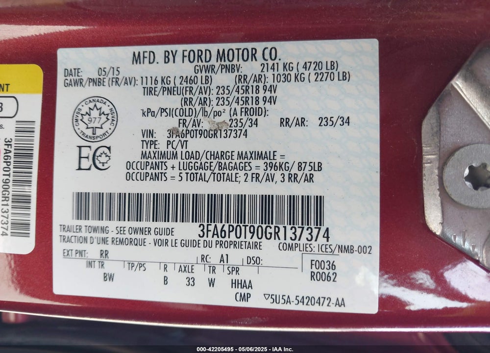 2016 FORD FUSION VIN: 3FA6P0T90GR137374