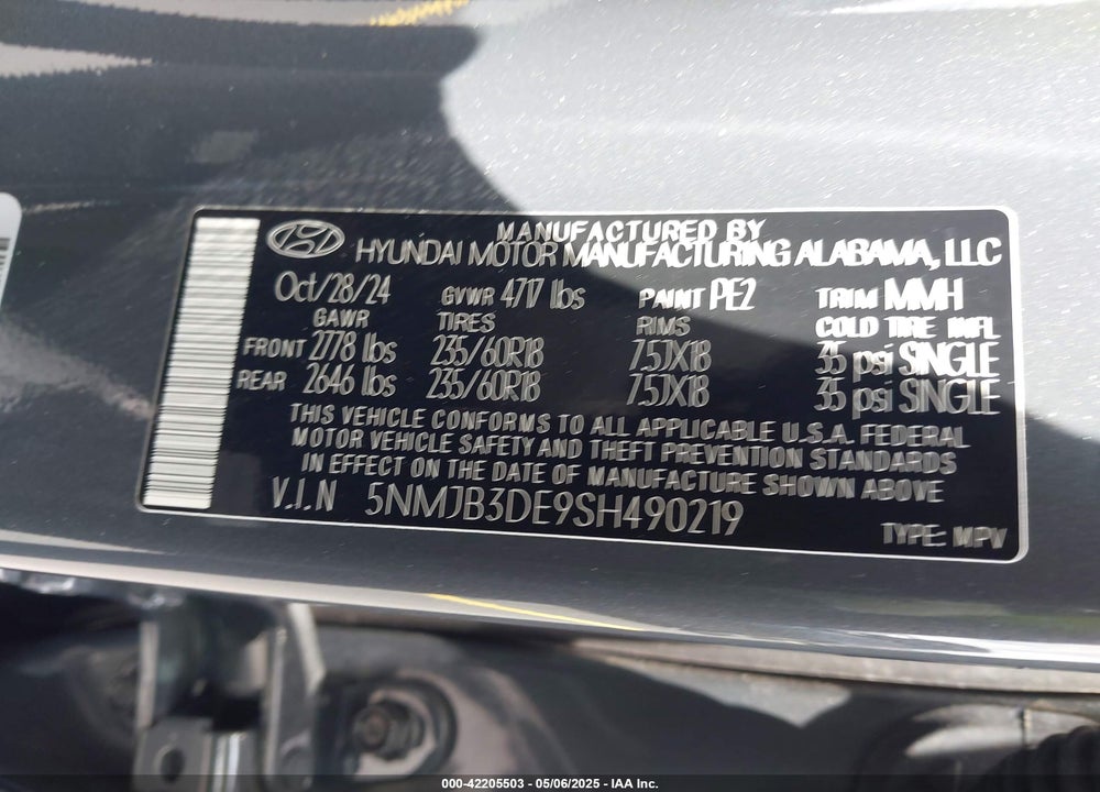 2025 HYUNDAI TUCSON VIN: 5NMJB3DE9SH490219