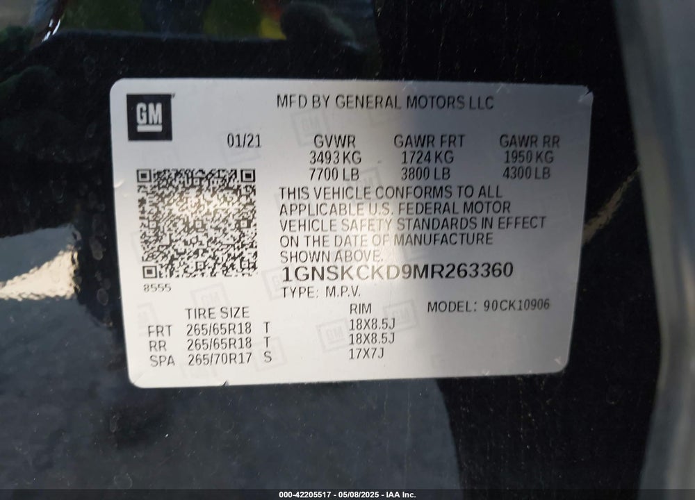 2021 CHEVROLET SUBURBAN 4WD LT VIN: 1GNSKCKD9MR263360