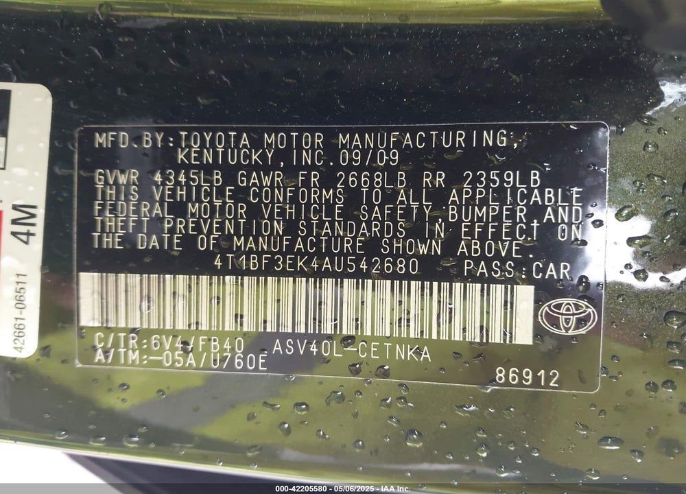 2010 TOYOTA CAMRY VIN: 4T1BF3EK4AU542680