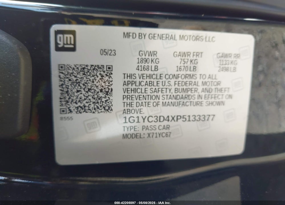 2023 CHEVROLET CORVETTE STINGRAY RWD 3LT VIN: 1G1YC3D4XP5133377