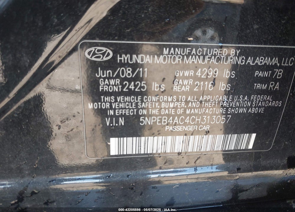 2012 HYUNDAI SONATA VIN: 5NPEB4AC4CH313057